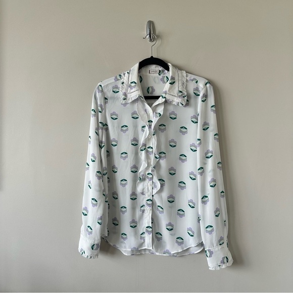 ARITZIA-“SUNDAY Best” CottageCore Floral Ruffle Front Ling Sleeve Blouse - Picture 4 of 13